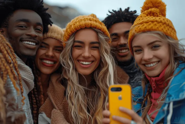 A friend holds a smartphone displaying social media while others laugh together outdoors in winter clothing.
