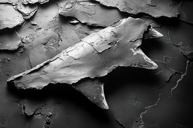 Fossilized shark teeth embedded in cracked rock shown in black-and-white macro close-up with sharp shadows.