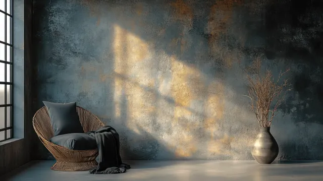 A woven chair with cushions and a blanket sits beside a ceramic vase with dried branches in sunlit interior light.