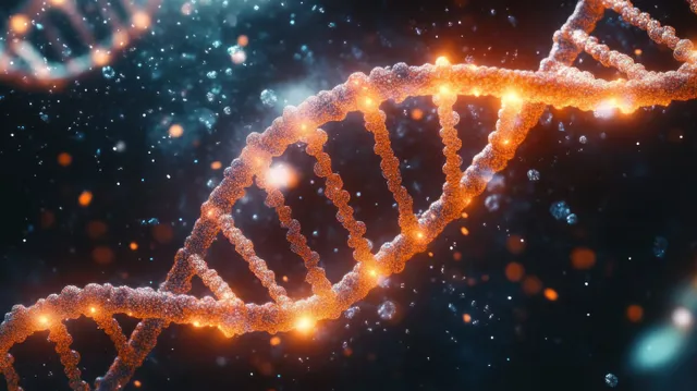 Glowing DNA double helix with floating particles in a dark microscopic science background