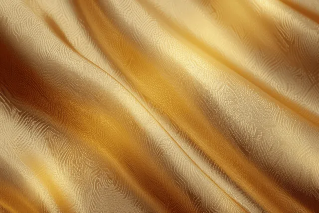 Golden satin fabric with soft folds and shimmering highlights under warm light