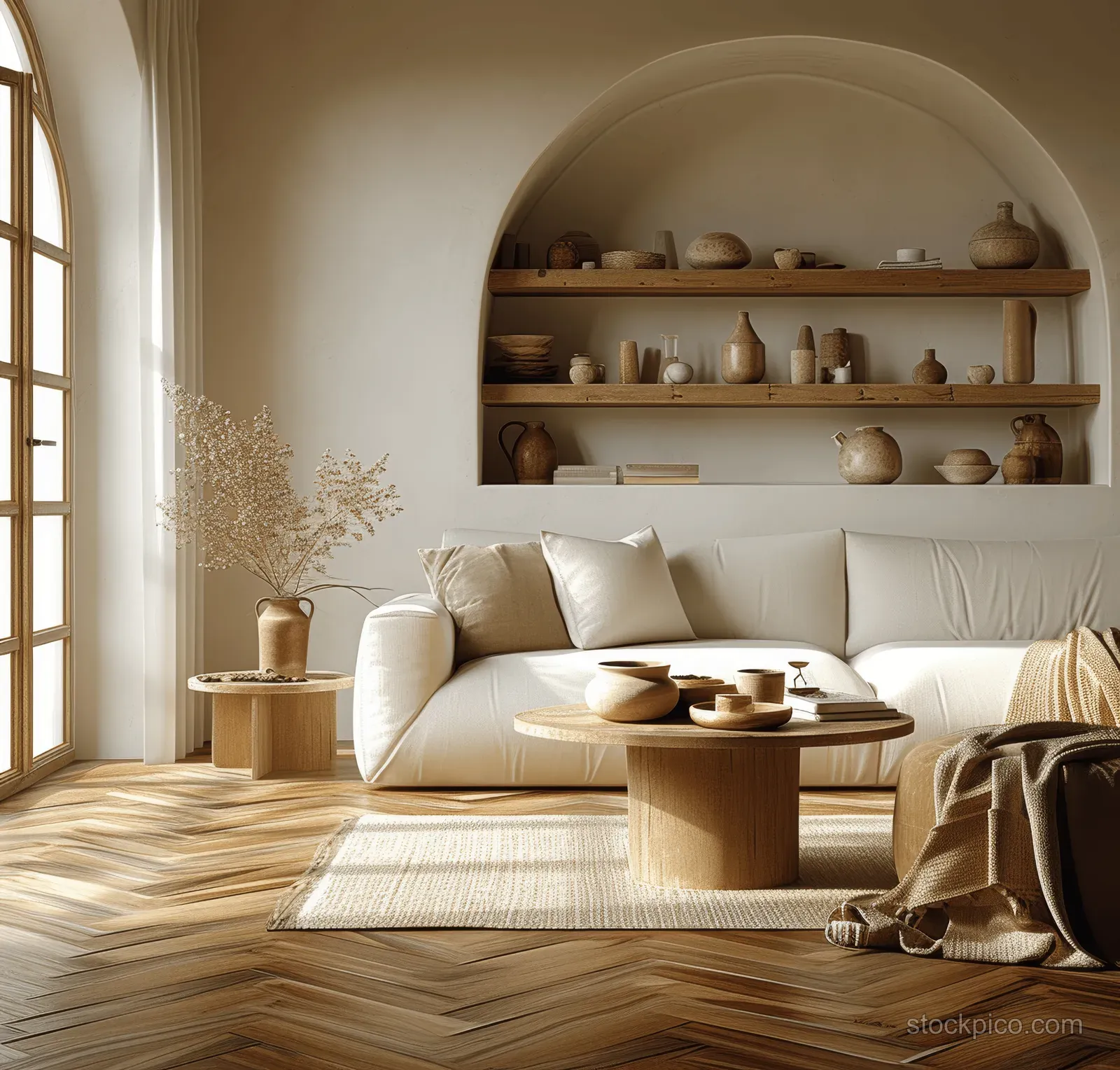White sofa in a bohemian living room with rustic wooden shelves and warm natural light.