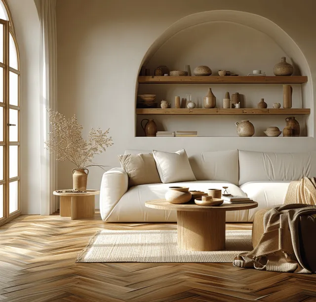Bohemian living room with white sofa, rustic wood shelves, warm light, and beige textiles