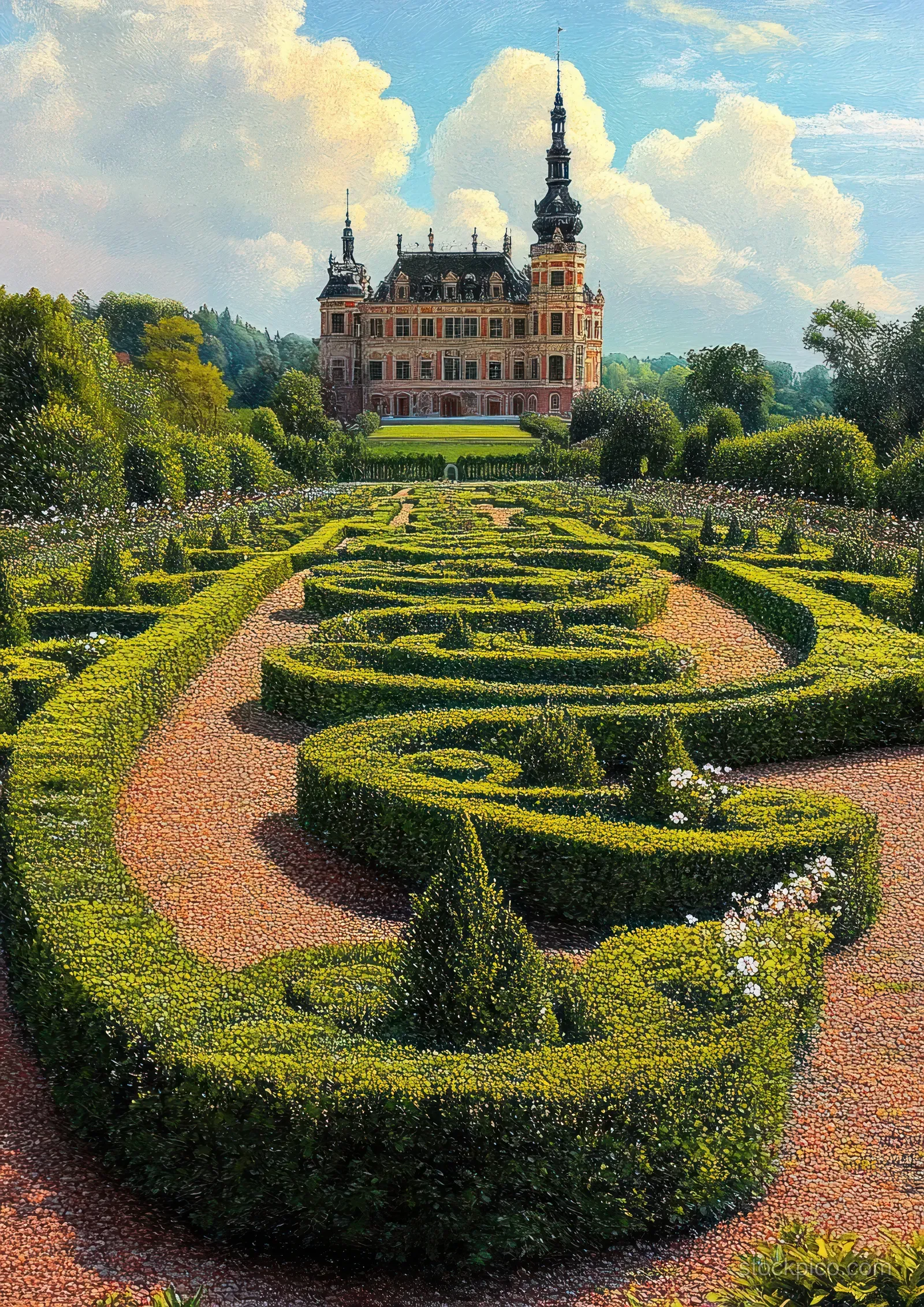 Historic mansion with spires rises behind a trimmed hedge garden maze and curved brick pathways under blue sky clouds.