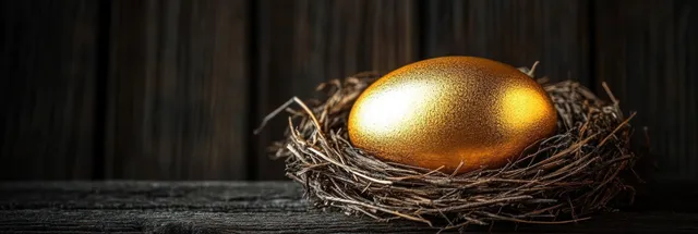 Golden egg in a nest on rustic wooden table, investment security concept