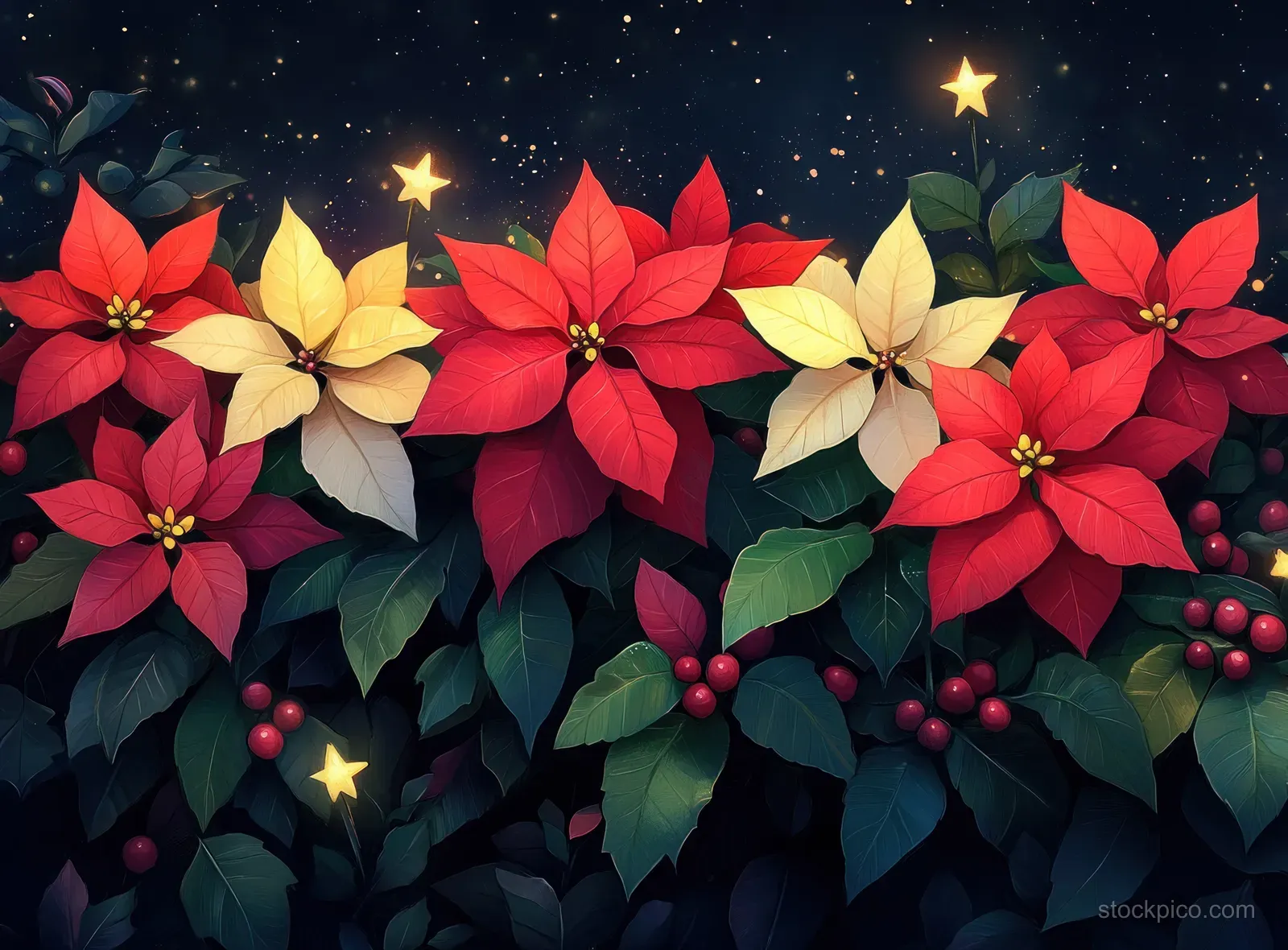 Red poinsettias and green leaves with berries and small glowing stars fill the holiday background.