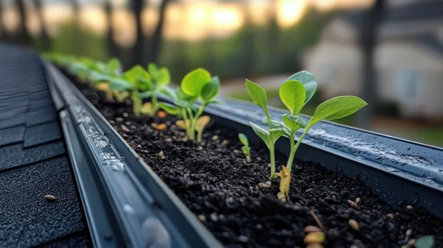 Green seedlings sprout from dark soil inside a rooftop rain gutter with warm sunset light and blurred background.