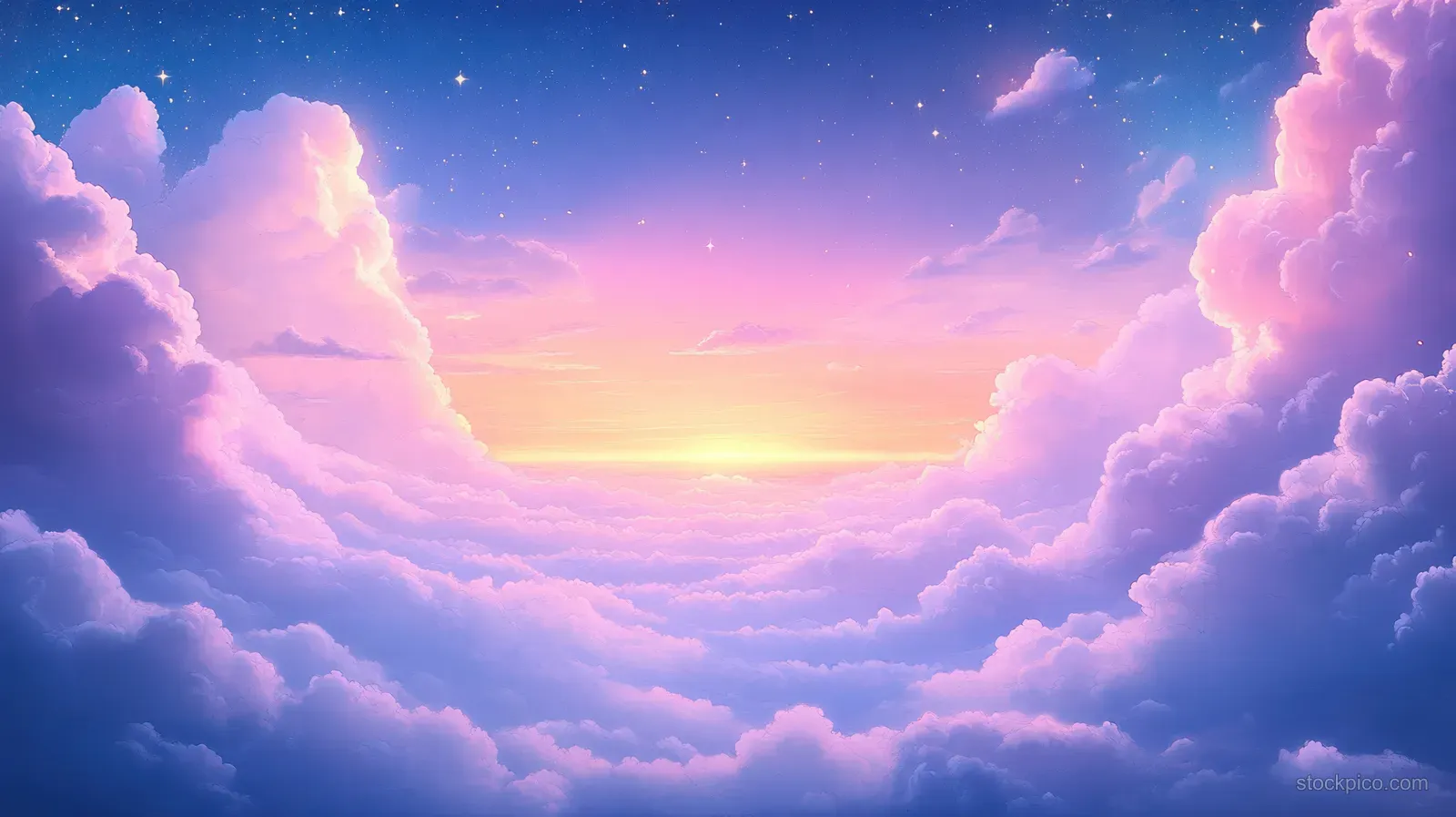 Fluffy pink and purple clouds glow at sunrise with sparkling stars against a blue-purple sky.