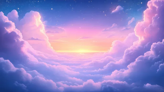 Fluffy pink and purple clouds glow at sunrise with sparkling stars against a blue-purple sky.