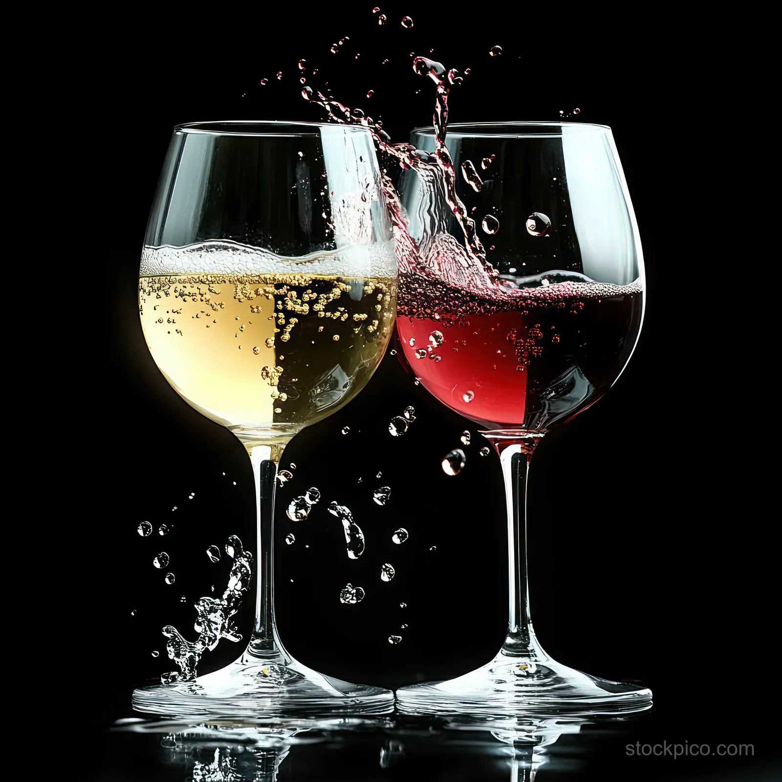 Two clinking wine glasses show red and white wine splashes with droplets against a black background.