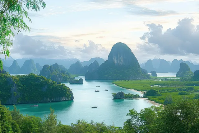 Emerald lagoon between limestone karst islands with forested shores under cloudy sky
