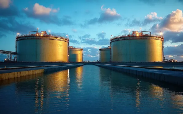 Large industrial storage tanks with warm sunset reflections in calm water under a partly cloudy sky.
