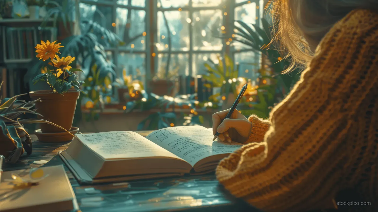 A woman writes by hand in a notebook at a sunlit desk surrounded by open books and potted plants.