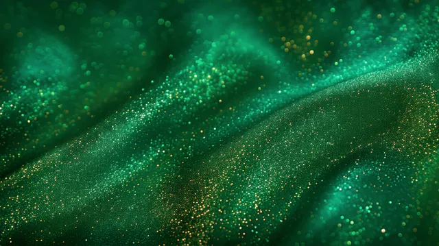 Green glitter swirl with gold sparkles, glowing particles, and soft bokeh light