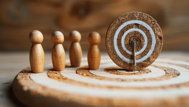 Wooden peg figures stand near a dartboard and an arrow aimed at the bullseye on a log surface.
