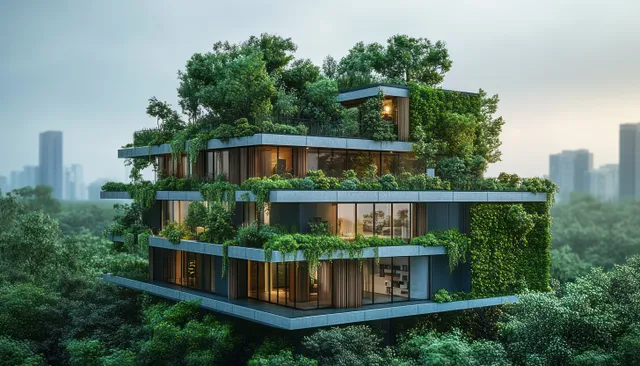 Sustainable eco-house model with solar panels and green roof at dusk in city skyline
