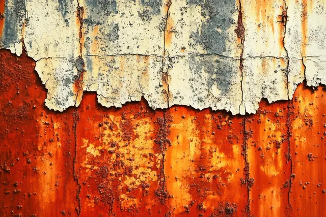 Peeling white paint exposes orange and brown rust on a corroded metal surface with flaking texture.