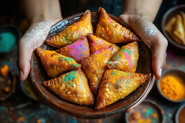 Hands hold a wooden bowl of triangular fried pastries dusted with bright festive colored powder.
