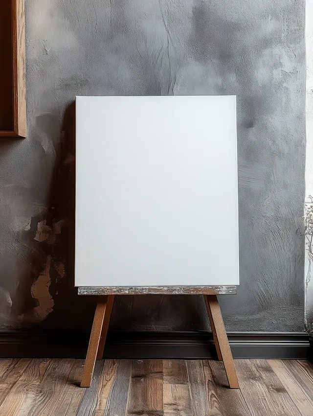 Minimalist blank canvas on wooden easel in bright room with soft natural window light