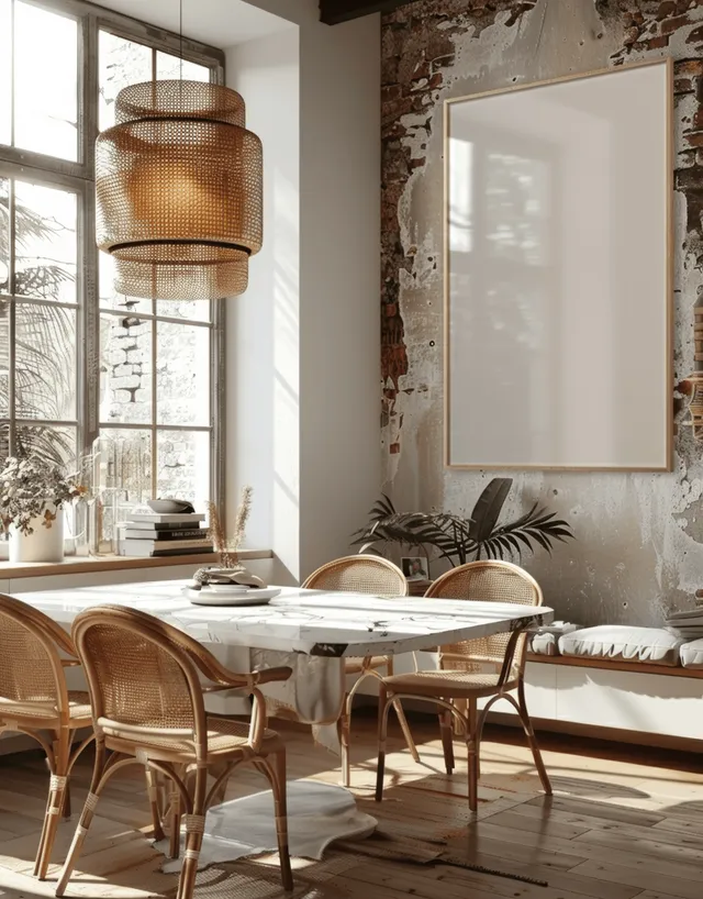 Dining room shows a white marble table, rattan chairs, and a large window with sheer curtains and greenery nearby.