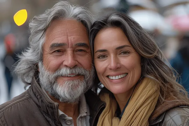 Joyful elderly couple embracing on city street, close-up smiles with soft bokeh