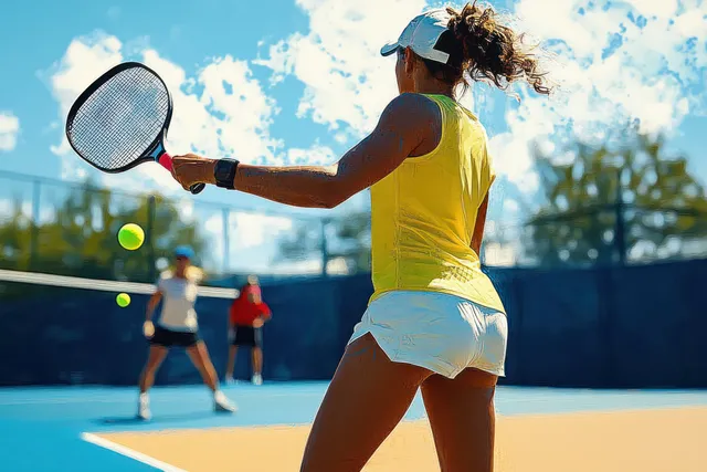 Pickleball player serving a ball on an outdoor court under bright sun