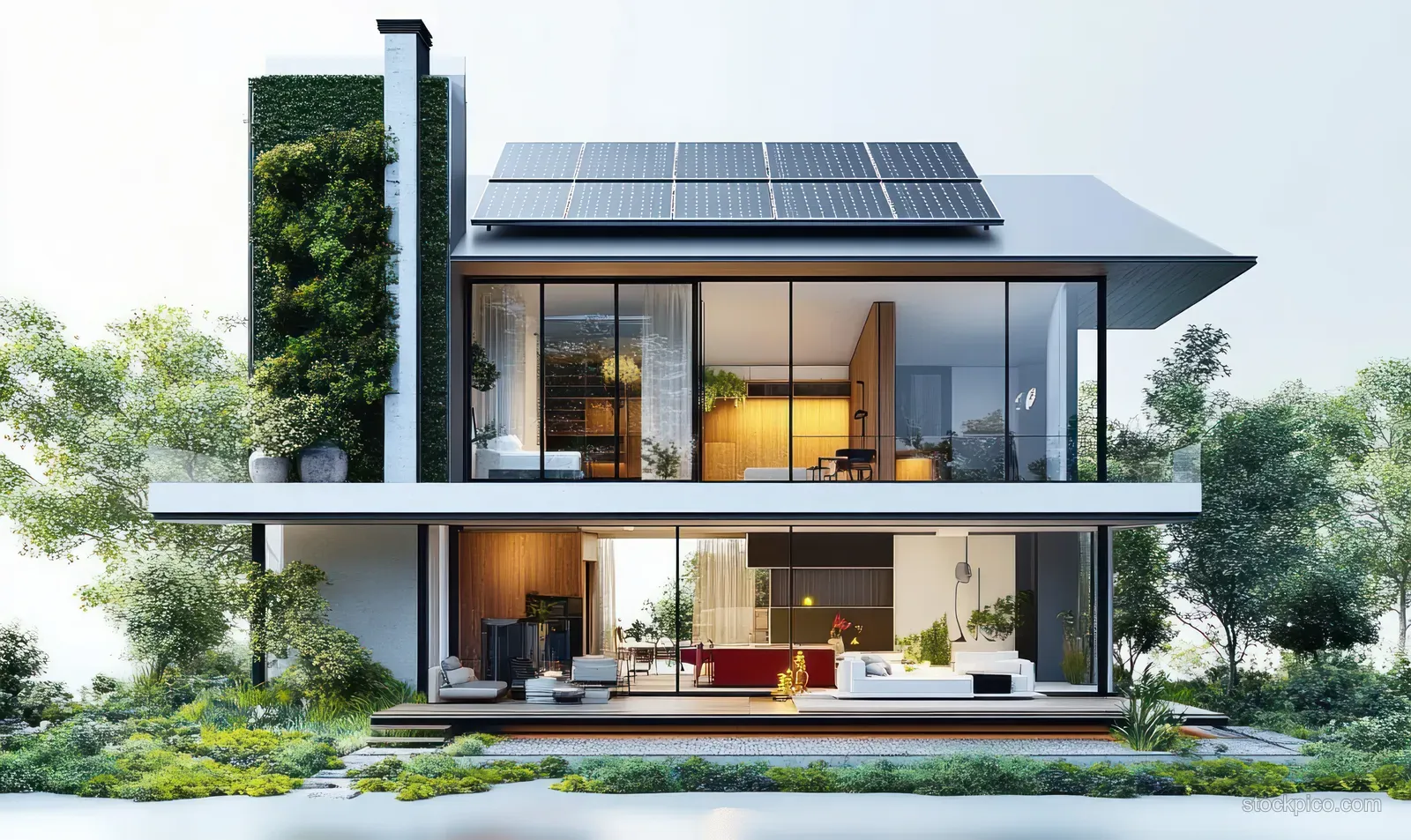 Two-story glass house with rooftop solar panels and a vertical green chimney surrounded by trees and shrubs.