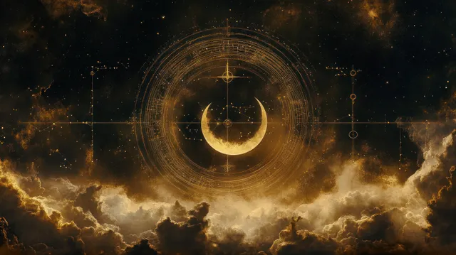 Golden crescent moon with glowing circular celestial rings above illuminated clouds and scattered stars in dark space.