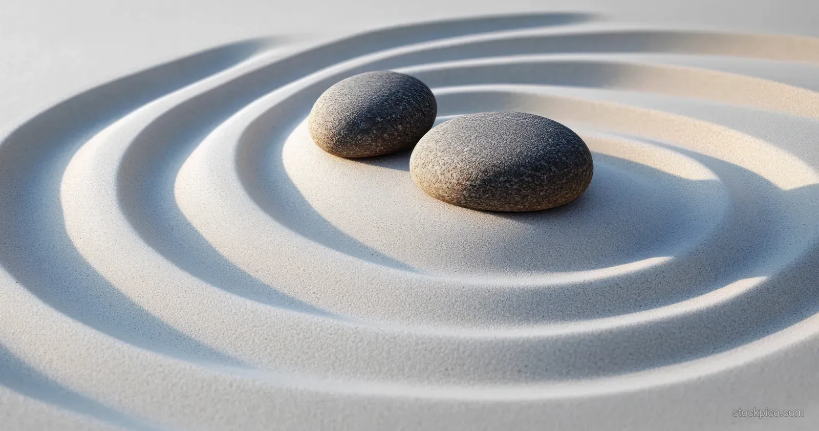 Two zen stones rest on concentric ripples in raked sand.
