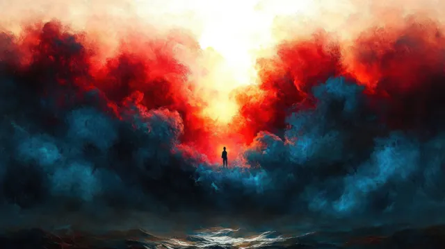 A lone silhouette stands in a moody landscape while red and blue swirling storm clouds glow behind.