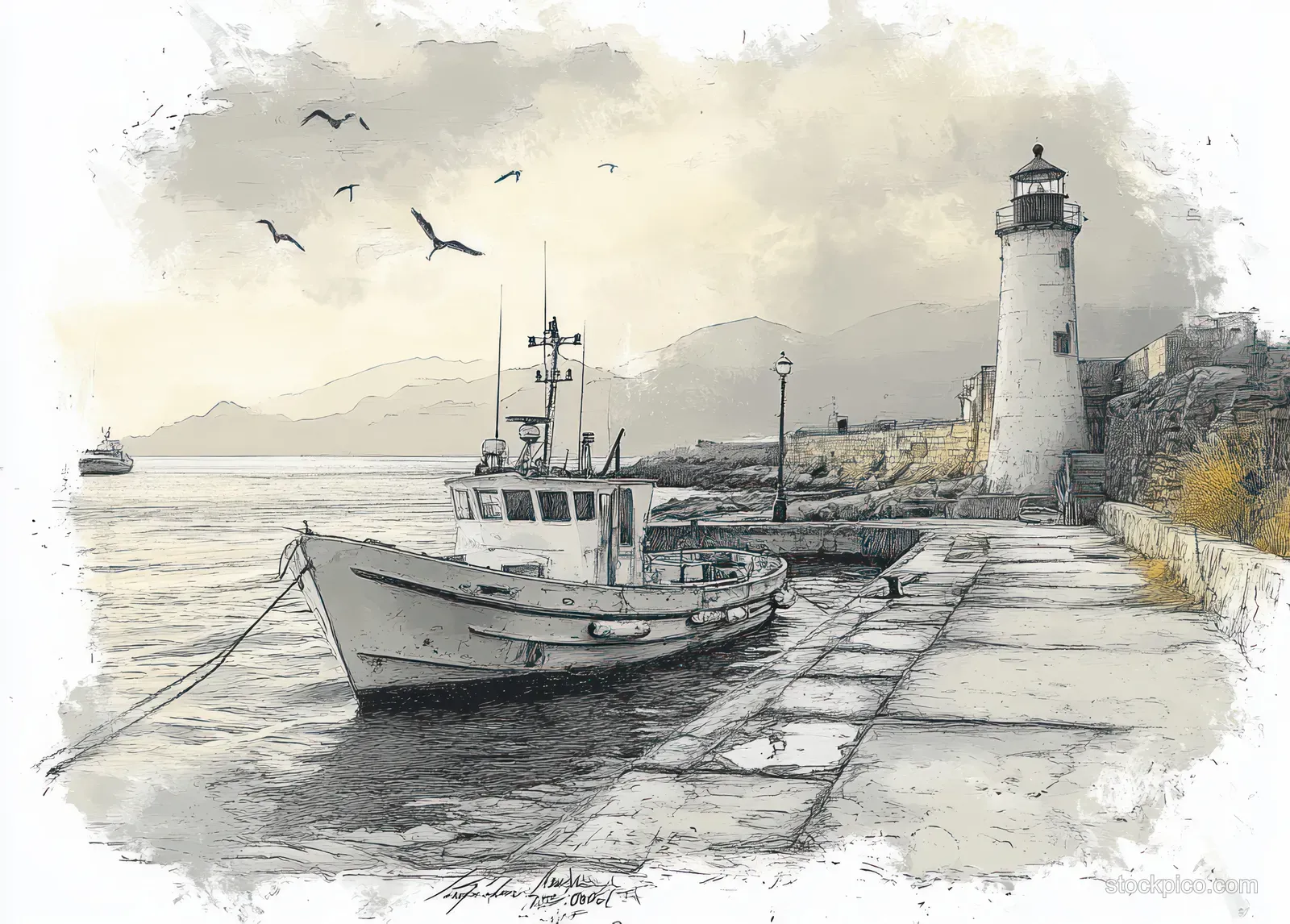 Monochrome sketch of boats moored at a pier next to a lighthouse, with birds flying in the pale sky.