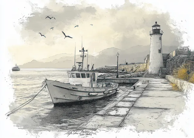 Monochrome sketch of boats moored at a pier next to a lighthouse, with birds flying in the pale sky.