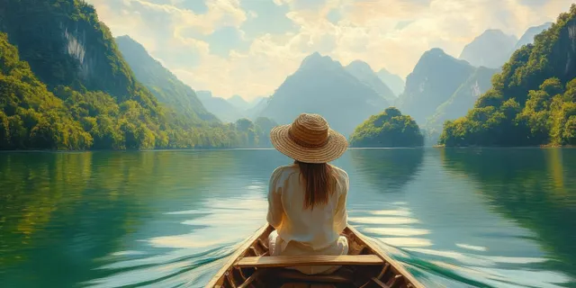 Young woman in straw hat relaxing on a boat at sunrise on a mountain lake