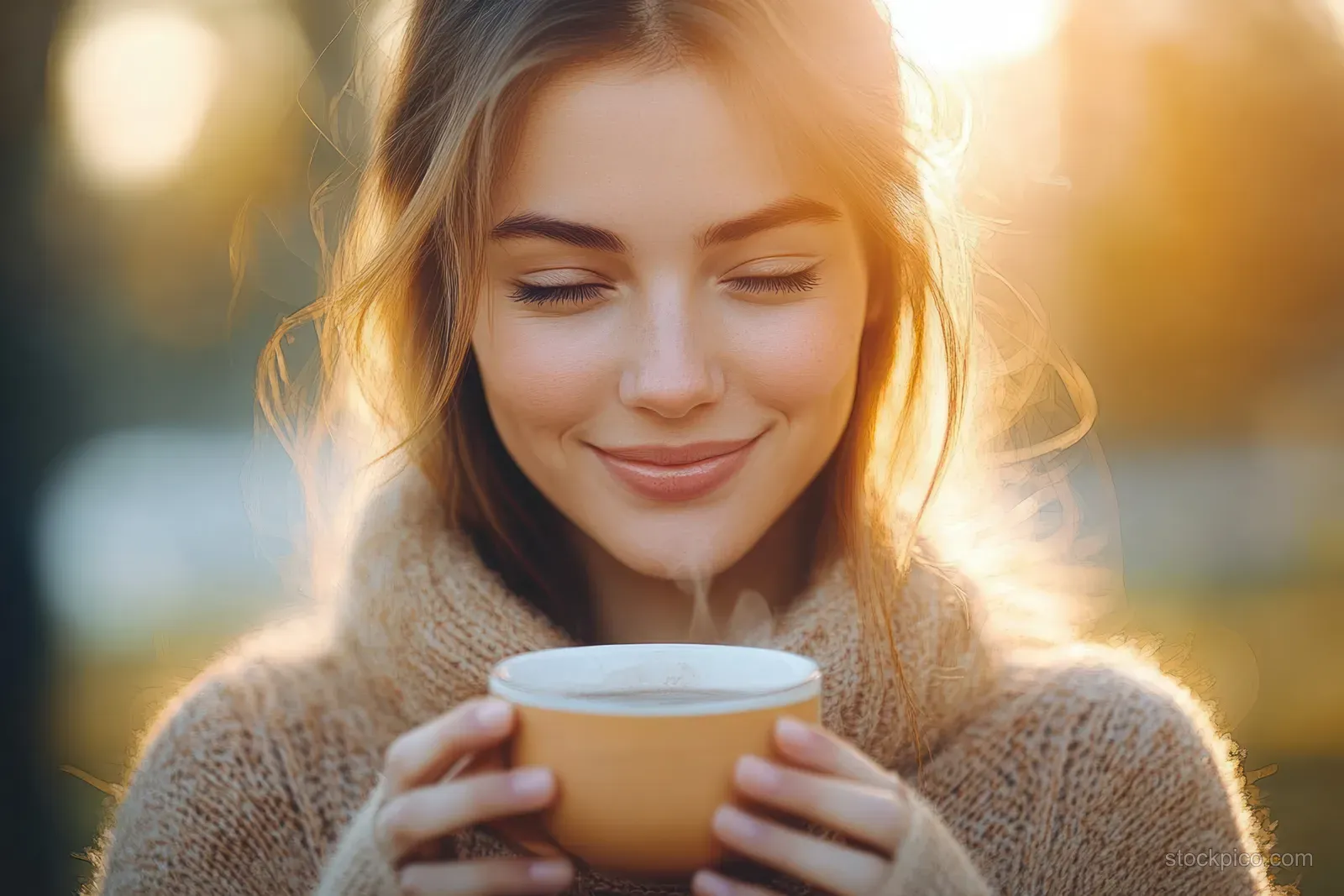 A young woman in a cozy sweater holds a steaming warm cup outdoors, smiling with eyes closed in golden hour light.