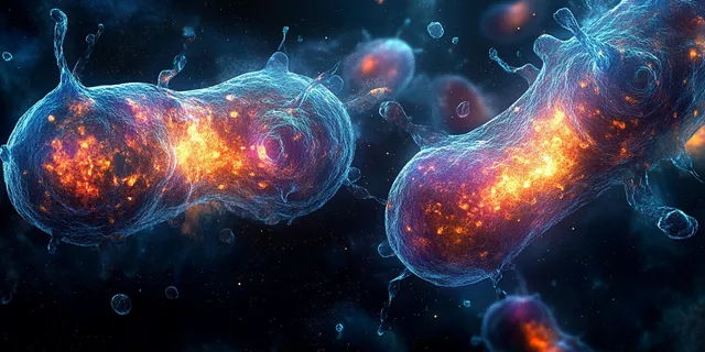 Glowing bacteria undergoing binary fission under dark microscope lighting with blue and orange membranes