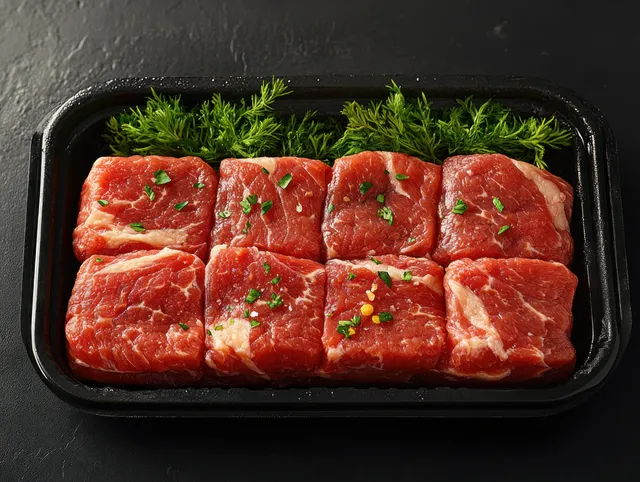 Top view of raw beef steak cuts in a clear plastic tray with visible marbling and green herb garnish.