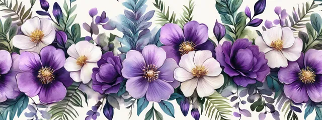 Seamless watercolor floral pattern with purple and white blossoms and green fern leaves.