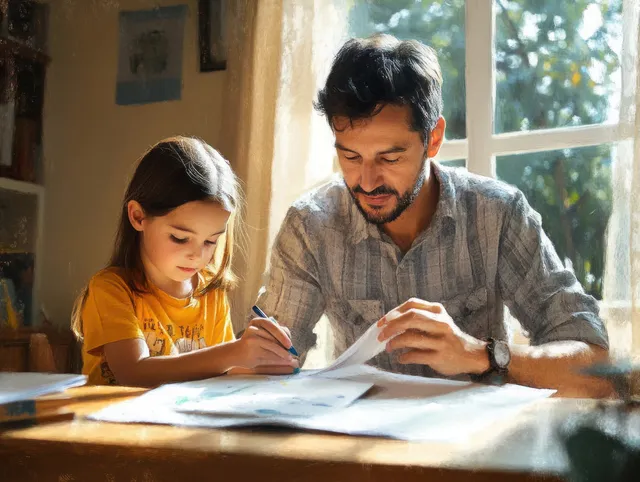 Parent helping child do homework at a wooden table by a sunlit window