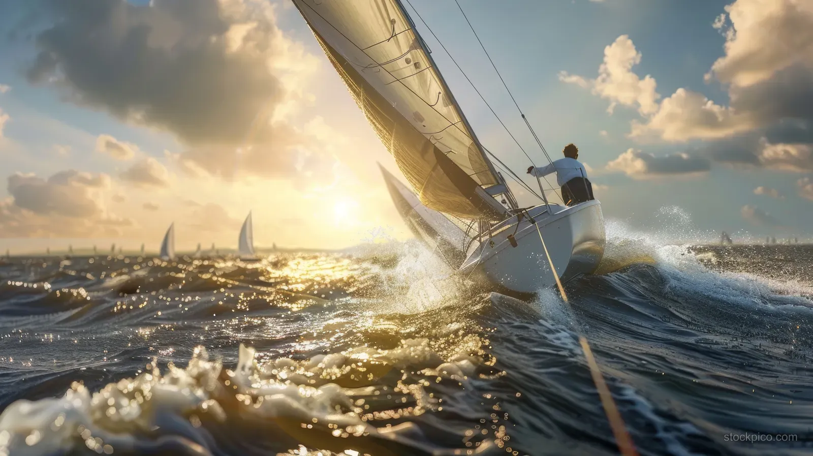 A male sailor sails a Laser sailboat through choppy waves as sunlight breaks over the North Sea.