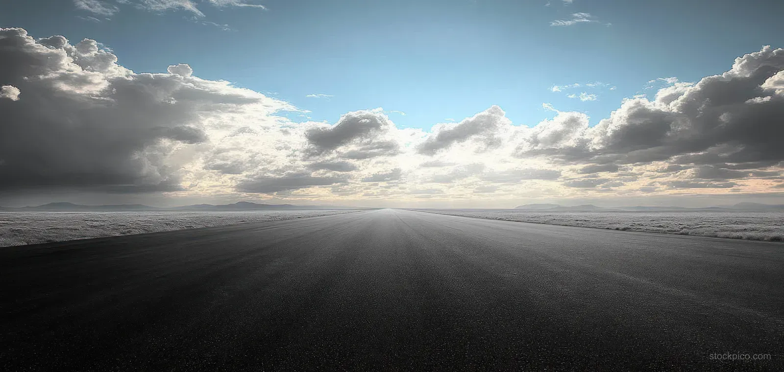 Empty asphalt road leading toward distant mountains under a bright sky with scattered clouds.
