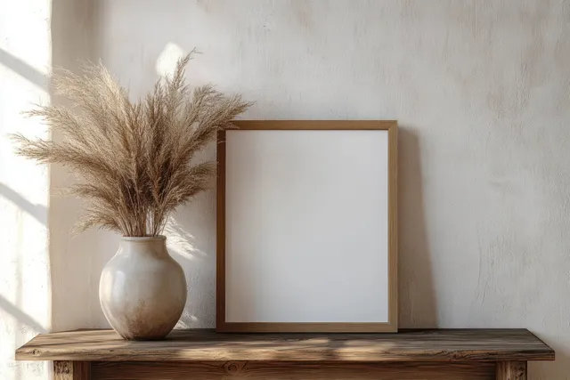 Blank wooden picture frame beside beige ceramic vase with pampas grass in sunlit minimalist interior