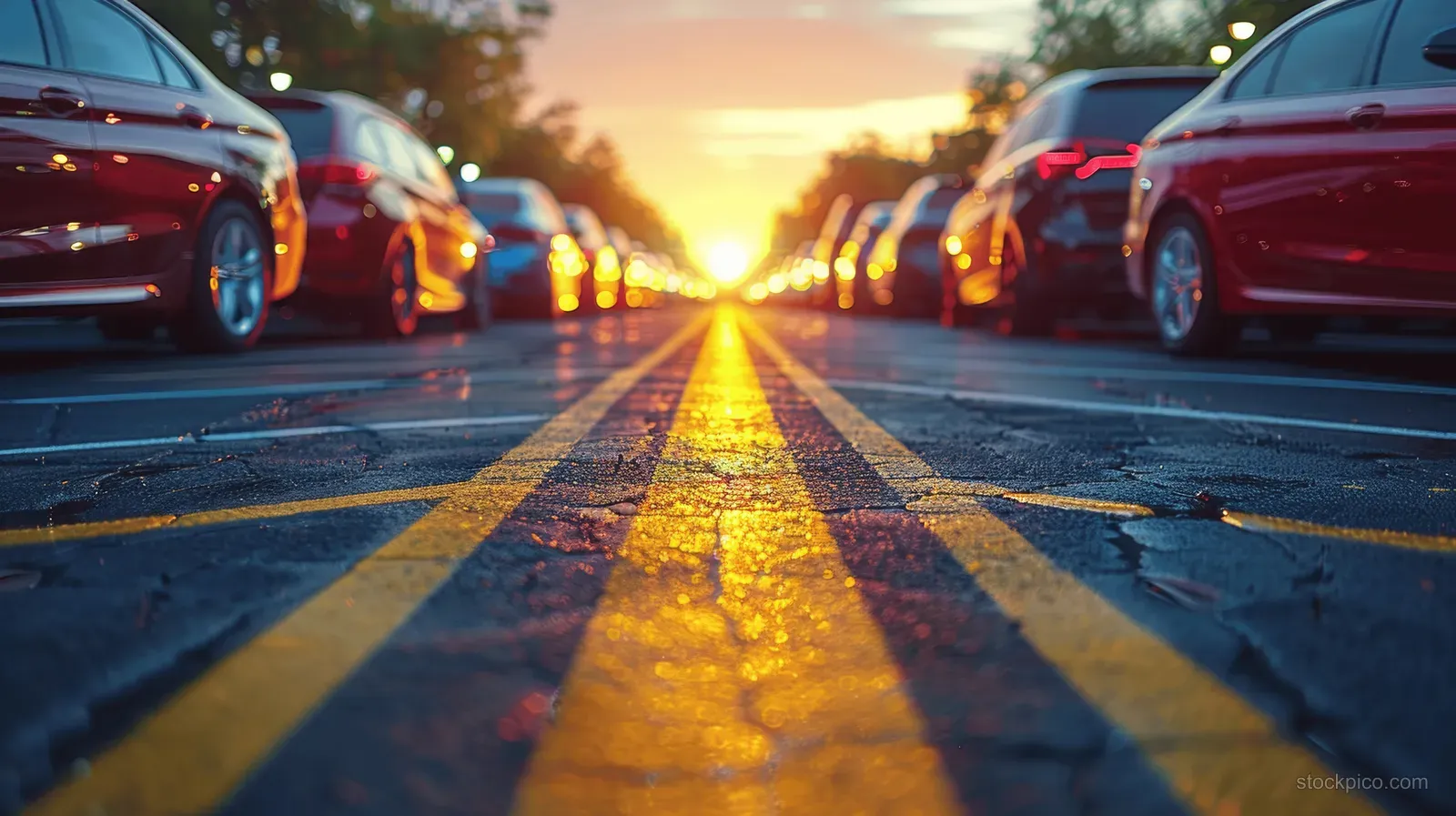 Luxury cars parked in rows along a road, illuminated by sunset creating bright reflections on asphalt.