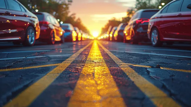 Luxury cars parked in rows along a road, illuminated by sunset creating bright reflections on asphalt.