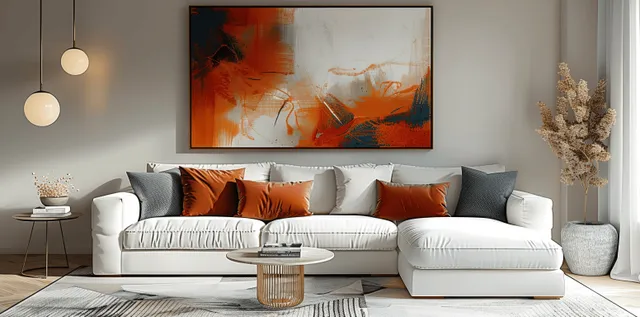 White sectional sofa with peach and orange cushions beneath an abstract painting in a bright modern living room.