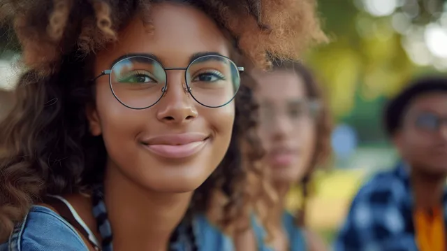 Young adult in a city park pauses thoughtfully while a blurred crowd fills the background.