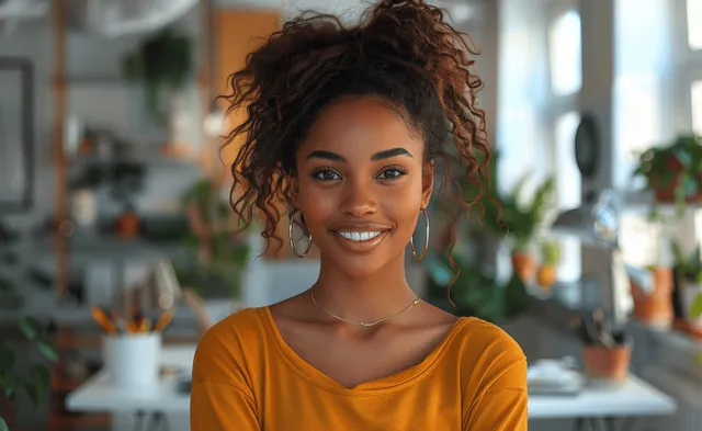 Smiling black businesswoman holding a smartphone in a bright modern office