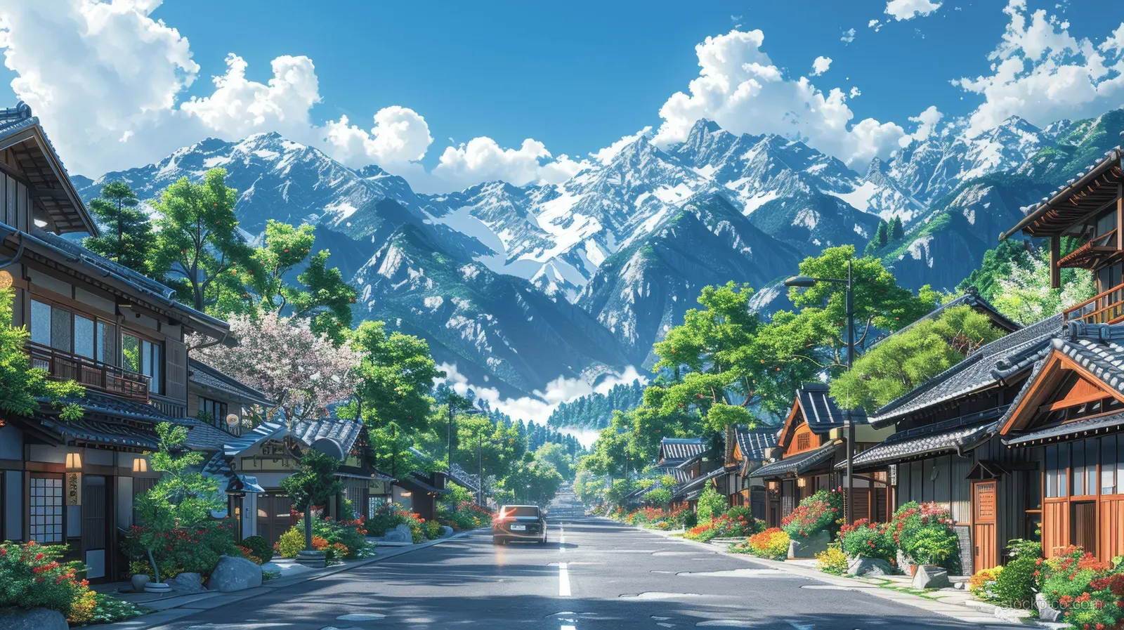Traditional Japanese houses flank a quiet street where a car drives past lanterns toward snowcapped mountains.
