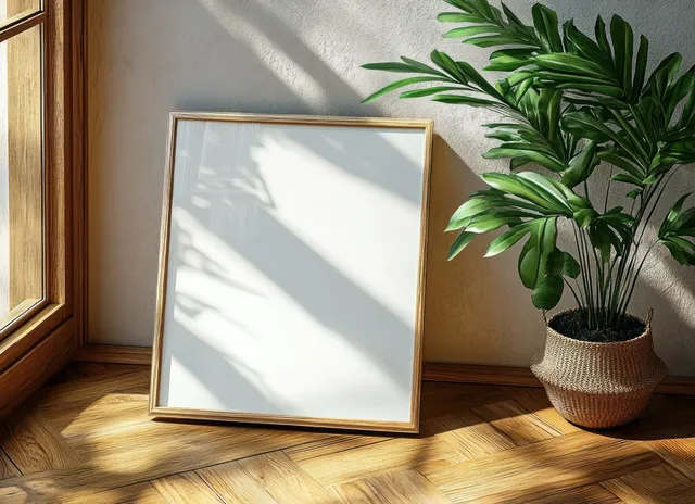 Blank picture frame leaning in a minimalist room with a green potted plant and sunlight shadows on wooden flooring.