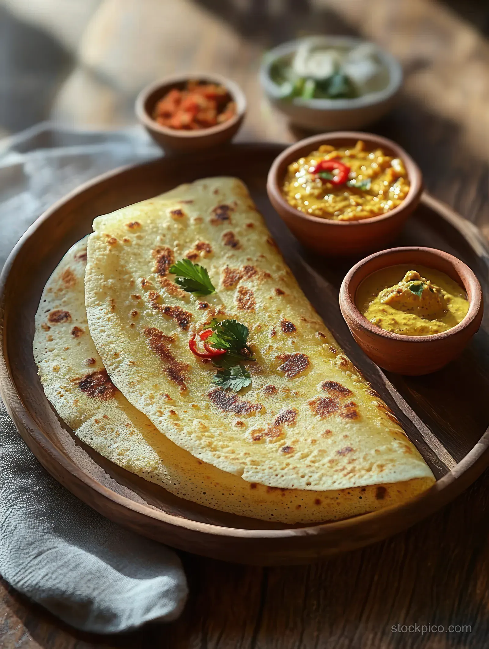 Indian flatbread on a wooden plate with small bowls of chutney and curry garnished with fresh herbs and chili.