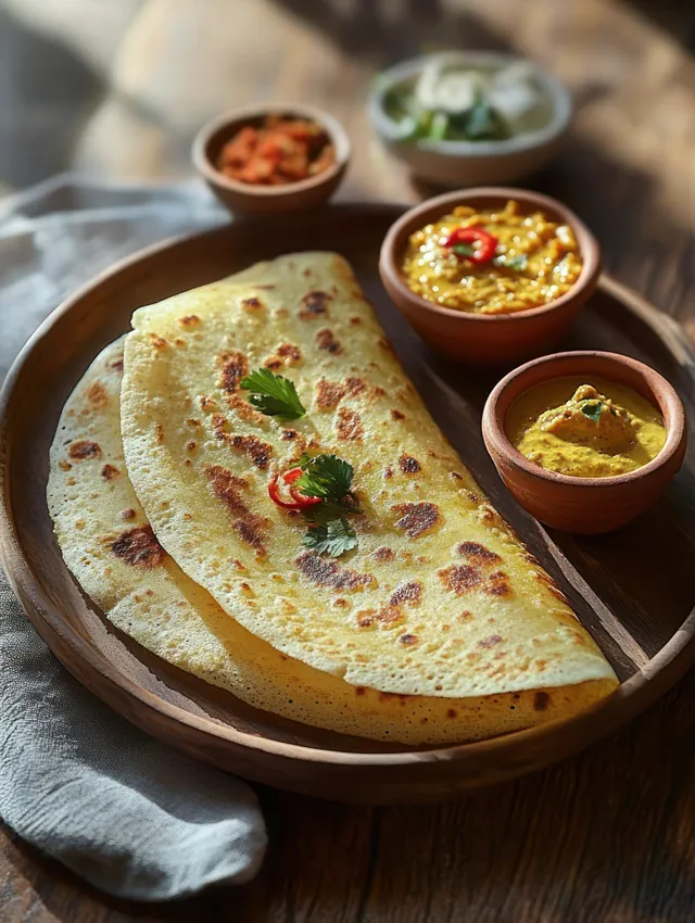 Indian flatbread on a wooden plate with small bowls of chutney and curry garnished with fresh herbs and chili.